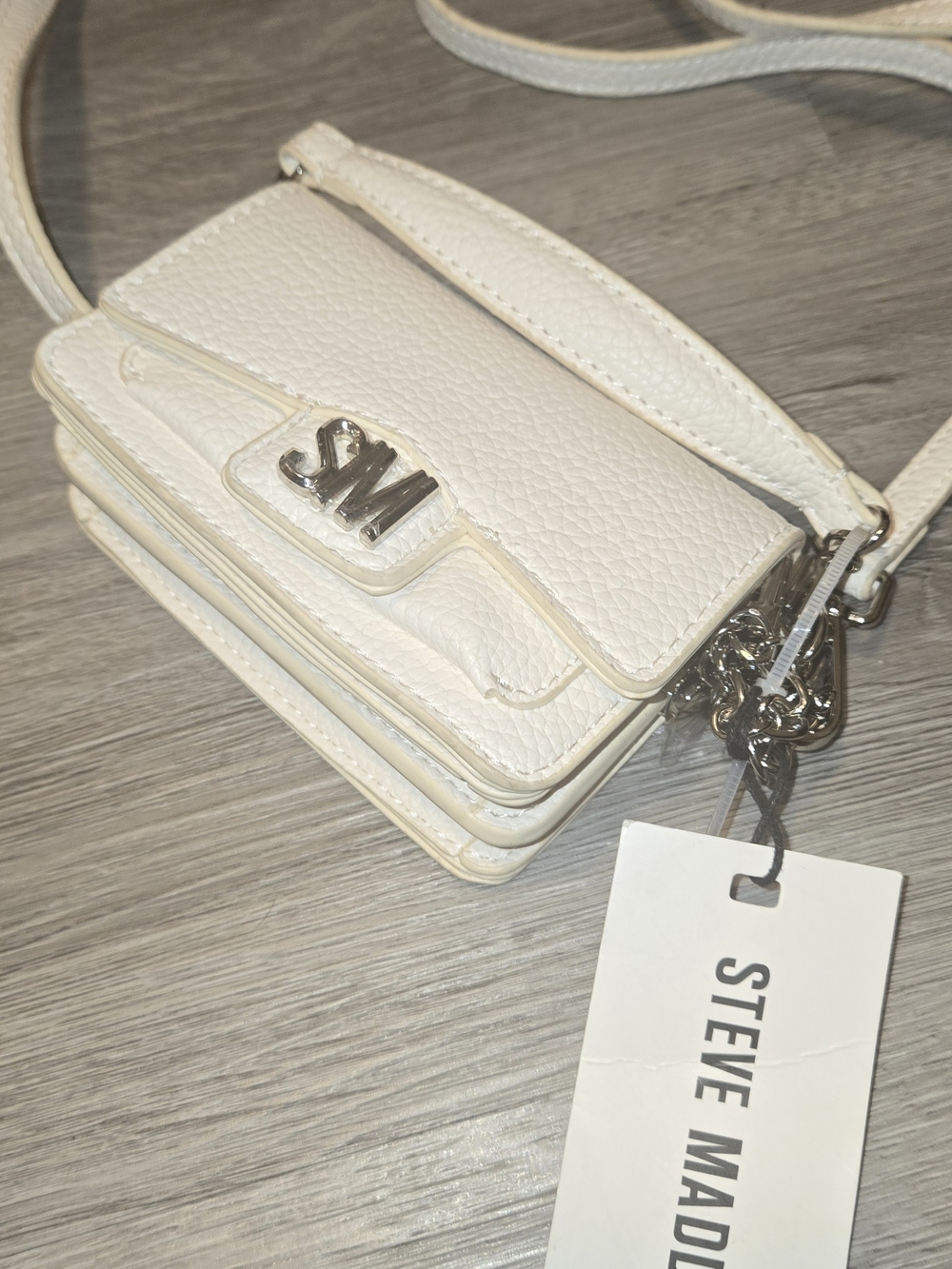 Steve Madden Cream Pebbled Mini Crossbody with Silver Hardware